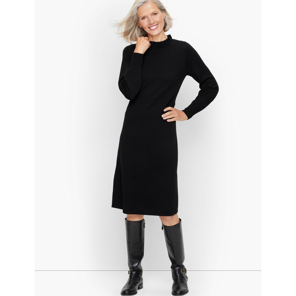 Talbots NWT Black Merino Wool Ruffle Neck Sweater Dress XL Long Sleeve Fit Flare